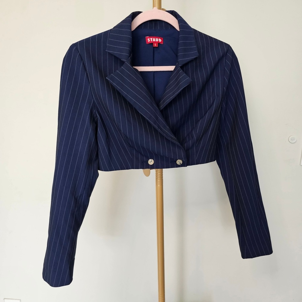 STAUD Navy Pinstripe Cropped Blazer Tailored Chic Minimalist Jacket Size 6 - Picture 2 of 12